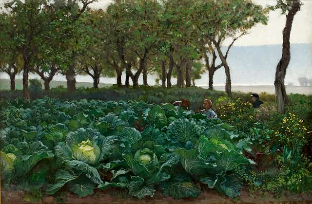 An oil painting of a field of cabbages by August Malmström - Lekande barn i trädgårdsland